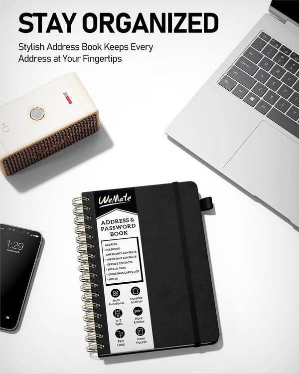 WEMATE Spiral Address Book with Alphabetical Tabs, Leather Password Book, Address Organizer Telephone Notebook Journal Keep Contact Safe Hardcover
