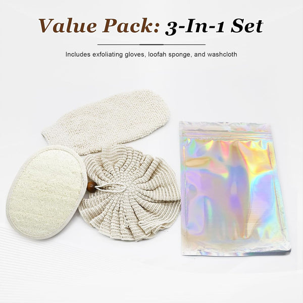 Natural Exfoliating Shower Gloves and Loofah Sponge Set, Gentle Body Scrubber Mitts with Hemp Fiber for Women and Men, 3-Pack Bath Accessories