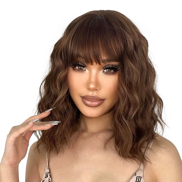 Brown Wig with Bangs for Women Short Natural Wavy Light Brown Wigs for Women Synthetic Brown Curly Bob Wig for Daily Use