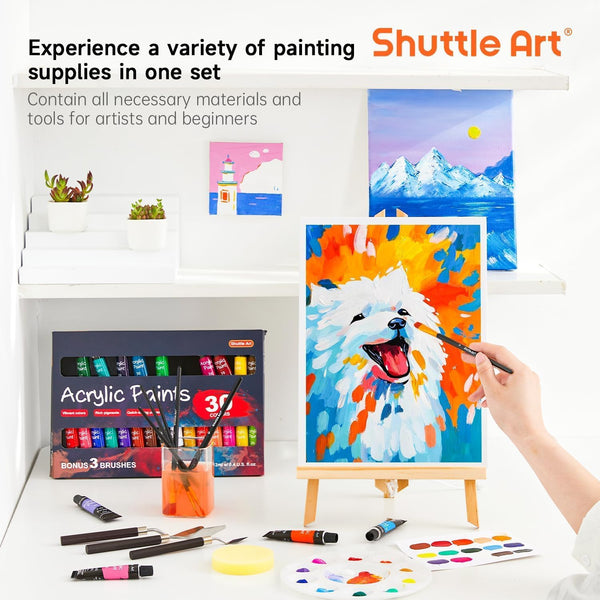Shuttle Art 54 Pack Acrylic Paint Set, Acrylic Painting Set with 30 Colors Acrylic Paint, Wooden Easel, Painting Canvas, Paint Brushes, Palette,