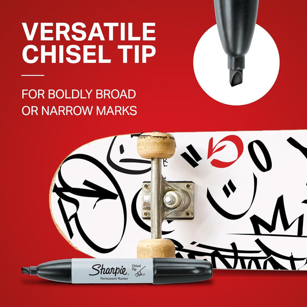 Sharpie Permanent Markers, Large, Chisel Tip, Black, 4 Count - Marks on Paper, Plastic, Metal, and More 4 Count (Pack of 1) Markers