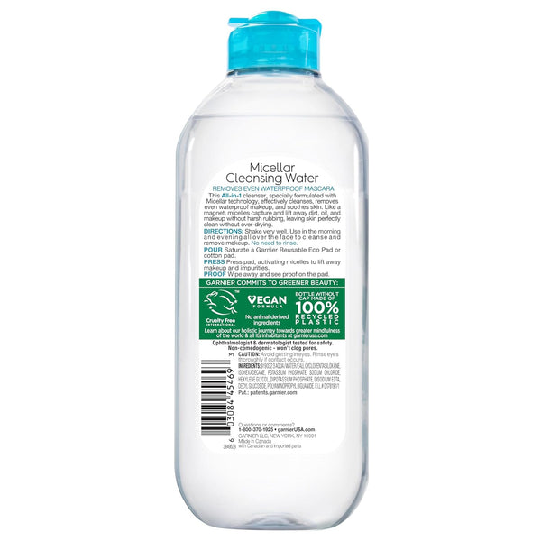 Garnier Micellar Water For Waterproof Makeup, Hydrating Facial Cleanser & Makeup Remover, Suitable for Sensitive Skin, Vegan, Cruelty Free, 13.5