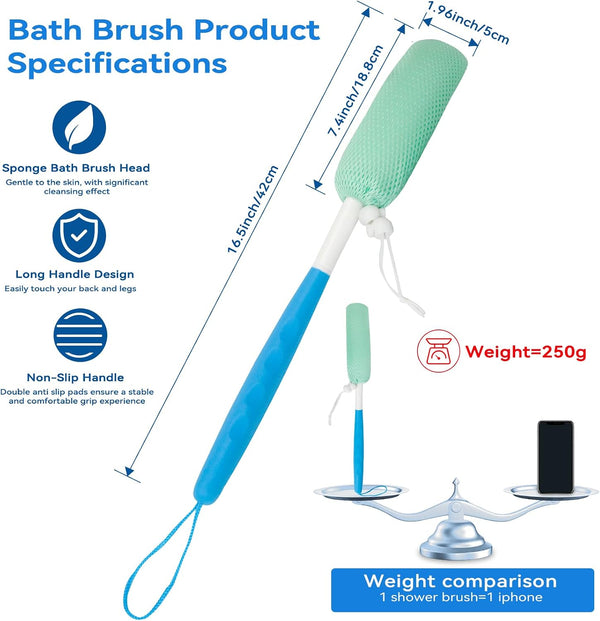 15.35" Back Bath Brush with Sponge,Back Scrubber Bath Mesh with Curved Long Handle Bath Body Brush for Elderly Aid Bathing and Shower Black+Pink