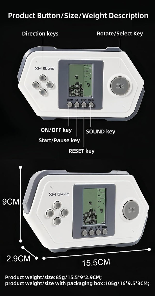 Retro Block Game Console Cool Shape 26 Brick Games Silicone Button Powered by 2*AAA Batteries Speed/Difficulty Can Be Adjusted Handheld Game Toy