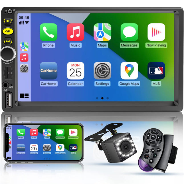 7 Double Din Touch Screen Car Radio with Apple Carplay,7 Inch Bluetooth Car Stereo with Backup Camera, FM Steering Wheel