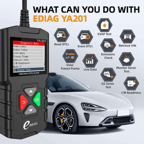YA-201 Obd2 Scanner, Full OBD2 Modes Check Engine Code Reader After 1996 All OBDII/EOBD/KOBD/CAN Cars, O2 Sensor EVAP Systems, Battery Test,Live