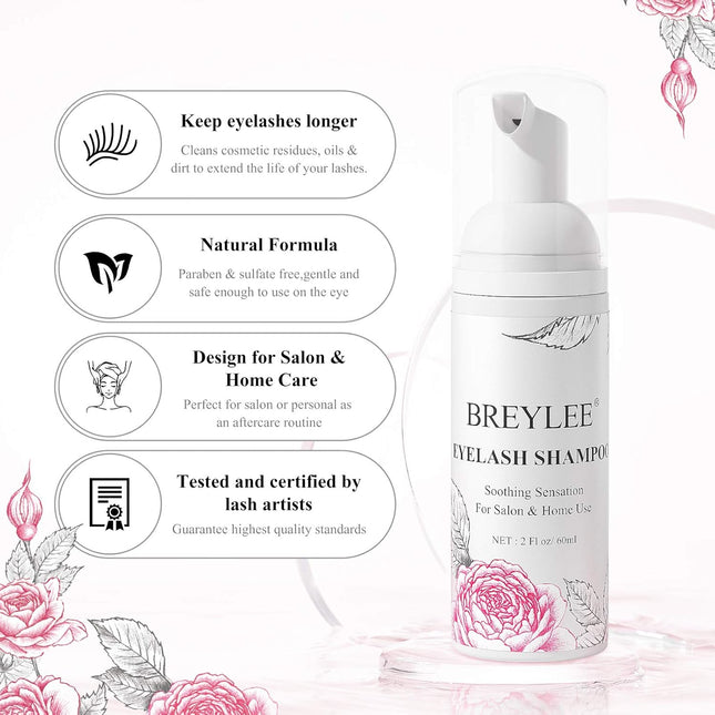BREYLEE Eyelash Cleanser, Shampoo Foam & Brushes Eyelid Cleanser for Makeup Remo