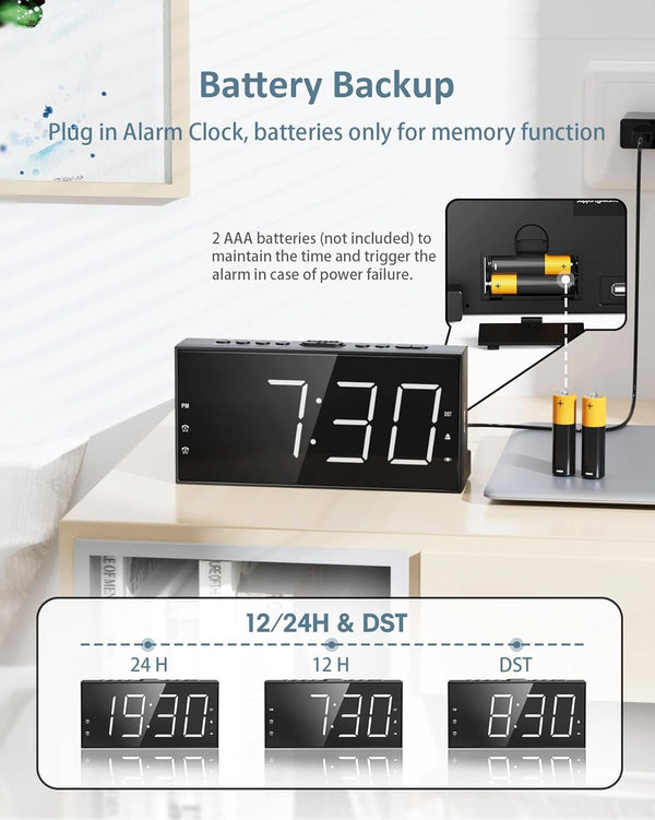 Loud Alarm Clock with Bed Shaker for Heavy Sleeper, Dual Vibrating Alarm Clock with USB Charger for Hard of Hearing/Deaf, 7.5’’ Large LED Display