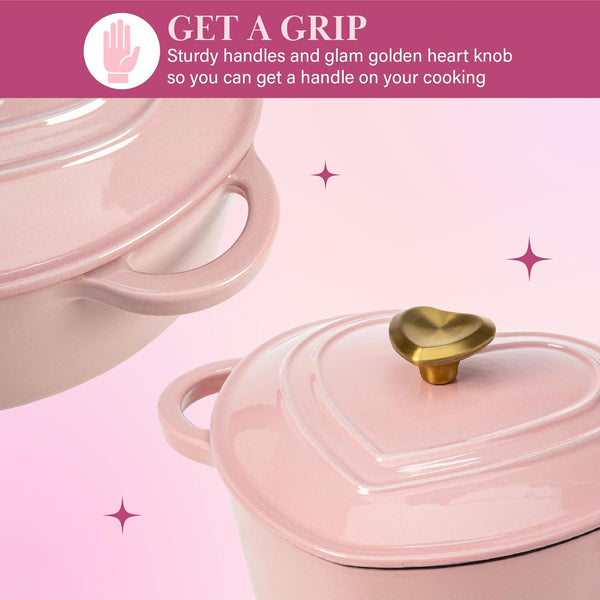 Paris Hilton Enameled Cast Iron Dutch Oven Pot with Lid, Heart-Shaped Dutch Oven, Durable Cast Iron Pot with Dual Handles, Oven Safe to 500°F,