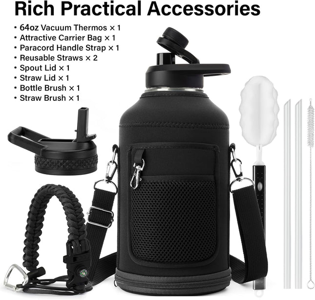 Insulated Water Bottle | Thickened Stainless Steel Vacuum Metal Thermos | Portable Sports Half Gallon Large Water Jug fo