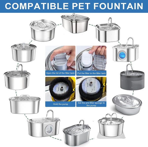 Cat Water Fountain Replacement Filters - 28 Pack Triple Action With Carbon Filter and Pre-Filter Sponges (14 Filters & 14 Sponges) for Pet Water