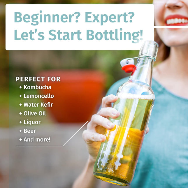 Otis Classic Swing Top Glass Bottles - Set of 6, 16oz w/Marker & Labels - Clear Bottle with Caps for Juice, Water, Kombu