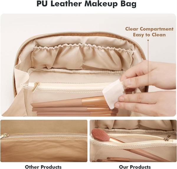 Prite Makeup Bag for Women Travel Waterproof Vegan Leather Cosmetic Bag Open Flat Toiletry Bag with Clear Divider and Handle (Beige)