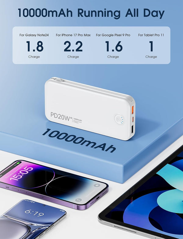 Portable Charger with Built in Cable and AC Wall Plug, USB C Power Bank 12000Mah 22.5W Super Fast Charging, Lightweight Portable Phone Charger
