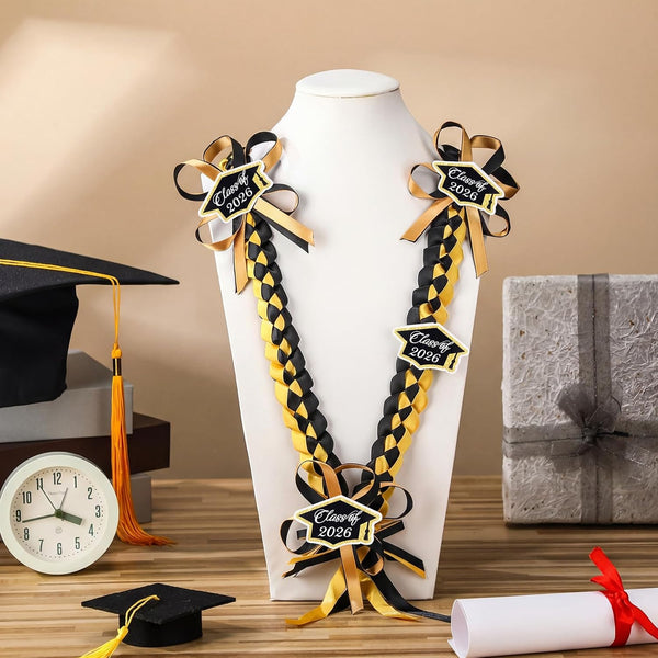 Daifunli 3 Pcs Graduation Lei Accessories Class of 2026 Ribbon Bows Lei Decals for Leis Gold Graduation Party Theme Celebration Decoration