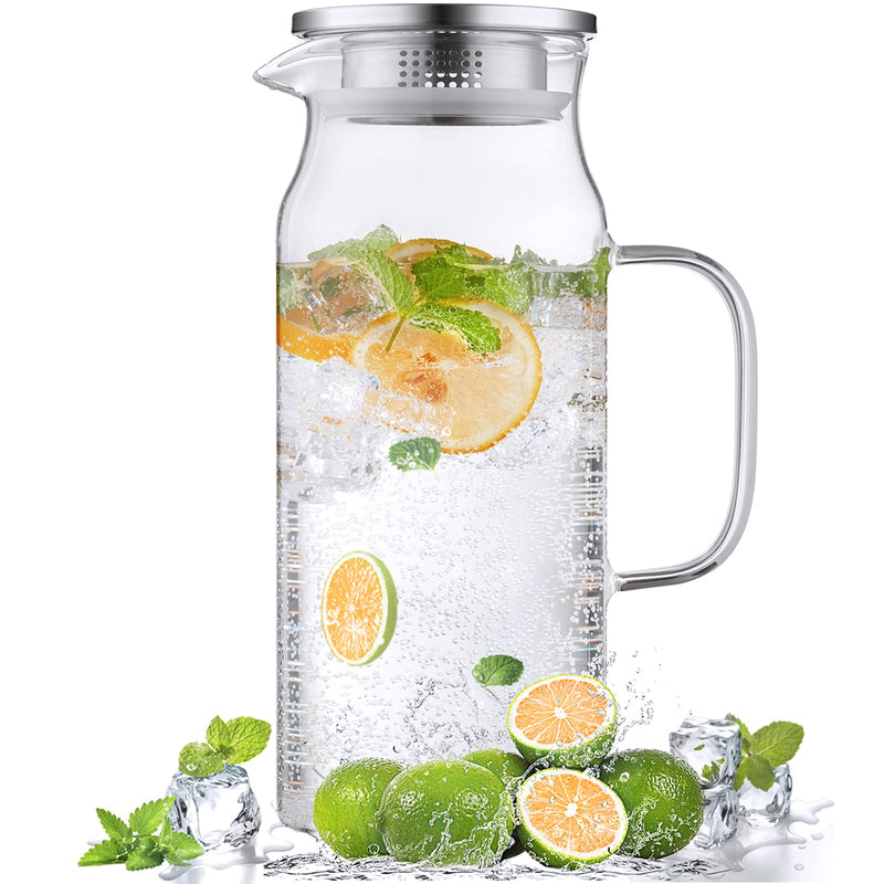 Bivvclaz 2 Liter 68 oz Glass Pitcher with Lid and Handle, Glass Carafe for Hot/Cold Water, Large Iced Tea Pitcher for Coffee, Juice and Homemade