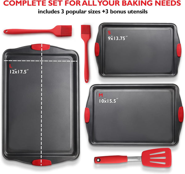 Eatex Baking Sheet, 6PC Cookie Sheet Set with Silicone Handles, Nonstick Steel Baking Pan, Durable Baking Sheets for Oven, BPA Free Baking Pans