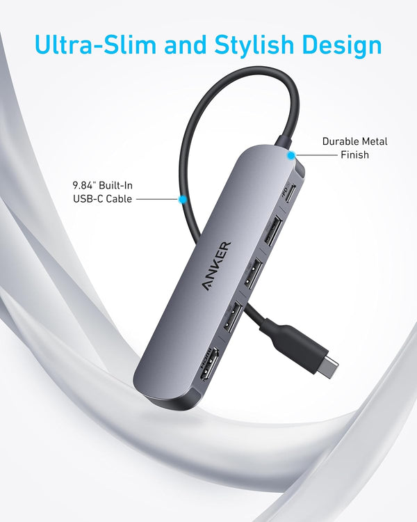 Anker USB C Hub 5-in-1 USB Hub for Laptops, 4K HDMI USB-C Multiport Adapter | 90W Max Power Delivery, 3 USB A Data Ports USB C Dongle, Compact for