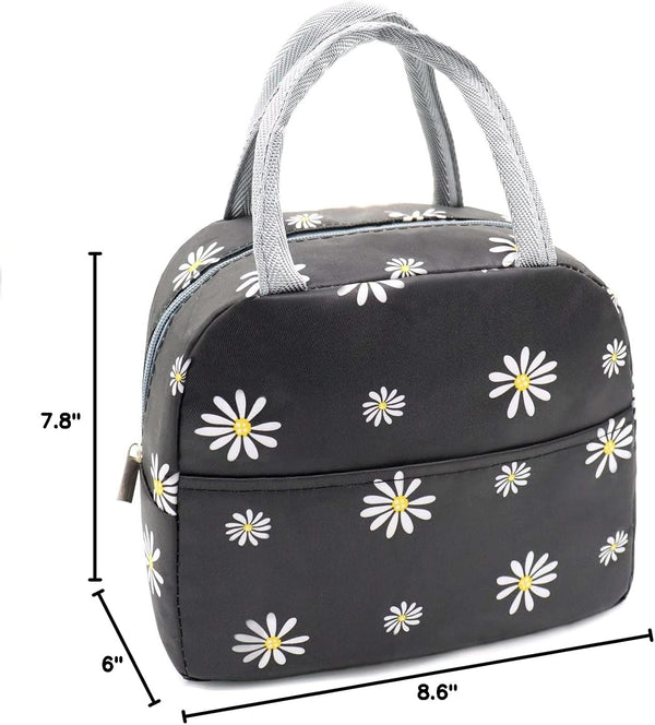 Sonuimy Insulated Lunch Bag Women, Reusable Cute Tote Lunch Box Black/White Black with White Daisy