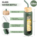 32Oz Glass Water Bottle with Straw and 2 Lids- Bamboo and Handle Spout Lid, Glass Drinking Bottles with Silicone Sleeve Motivational Time Marker