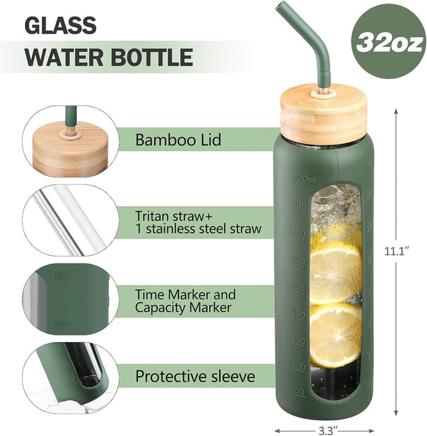 32Oz Glass Water Bottle with Straw and 2 Lids- Bamboo and Handle Spout Lid, Glass Drinking Bottles with Silicone Sleeve Motivational Time Marker