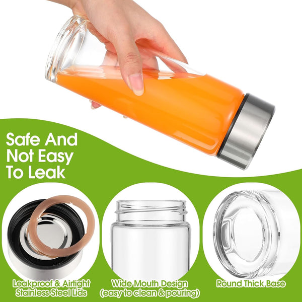 8 Pcs 16 oz Wide Mouth Glass Water Bottles Reusable Glass Juice Bottles with Lids Leakproof Juicing Jars with Silver Lids for Fridge Milk Juicing
