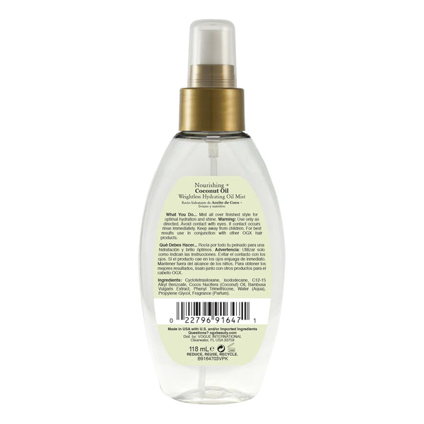OGX Nourishing + Coconut Oil Weightless Hydrating Oil Hair Mist, Lightweight Leave-In Hair Treatment with Coconut Oil & Bamboo Extract, Paraben &