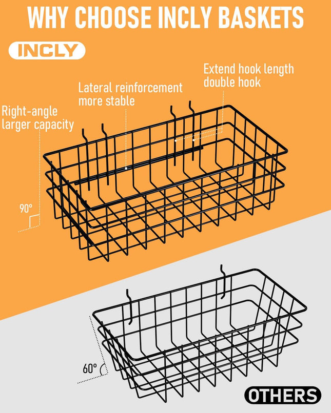 INCLY 4 Pack Pegboard Baskets Bins Set, 4 Size Square Style Black Metal Wire Basket for Any Peg Board Organizing Tools, 