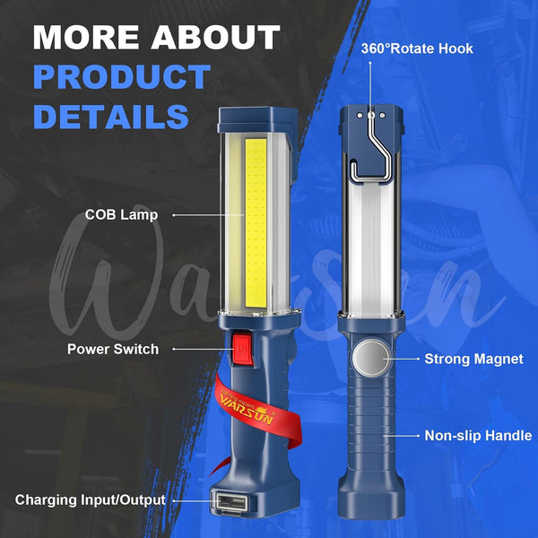 WARSUN LED Work Light Rechargeable, Portable Mechanic Trouble Light with1200 Lumens, COB worklight Magnetic Base, Cordless Floodlight for Car