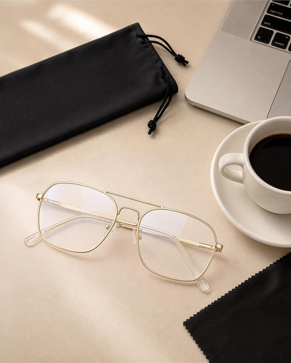 JM Aviator Blue Light Blocking Computer Glasses, Square Eye Protect Video Eyeglasses Anti Glare Men Women Gold Frame Clear Temple Tips Clear