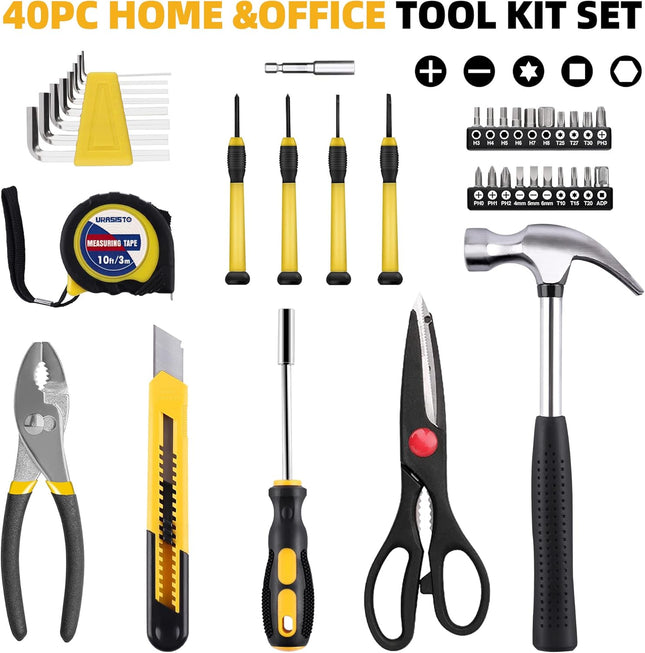 40-Piece Home Tool Kit with Easy Carrying Box, Small Basic Hand Tool Set Perfect for DIY Building, Home Maintenance and 