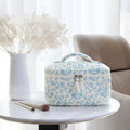 Prite Quilted Makeup Bag Travel Toiletry Organizer for Women (Blue Flower)