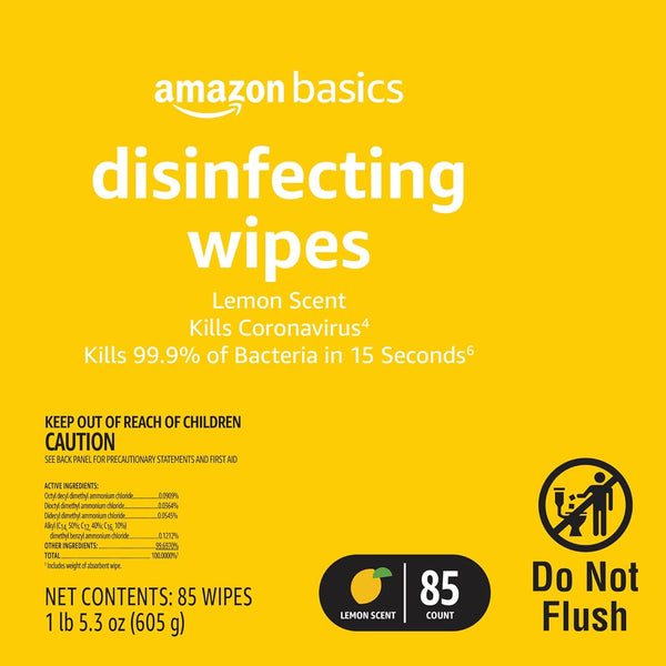 Amazon Basics Disinfecting Wipes, Lemon Scent, for Sanitizing, Cleaning & Deodorizing, 255 Count (3 Packs of 85)