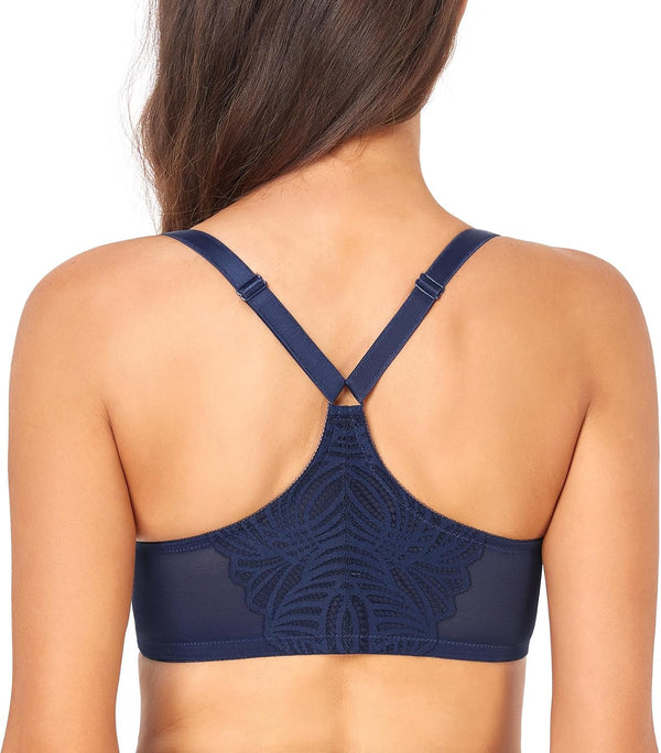 DotVol Women's Front Close Bra T Back Full Figure Underwire Plus Size Seamless Unlined Bra for Large Bust 40G Blue
