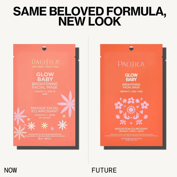 Pacifica Sheet Face Mask - Glow Baby Brightening Facial Mask W/Vitamin C, Aloe & Kelp Ã¢ÂÂ Cooling Mask for Dark Spots & Fine Lines - Clean Beauty