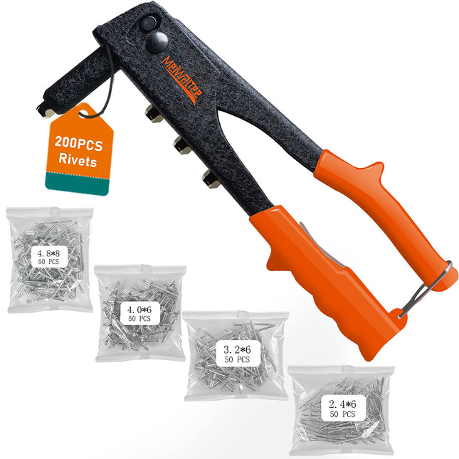 Meiwaltee Rivet Gun,Professional Pop Rivet Gun Kit with 200Pcs Rivets, 3/32"-1/8"-5/32"-3/16", Heavy Hand Riveter Kit Su