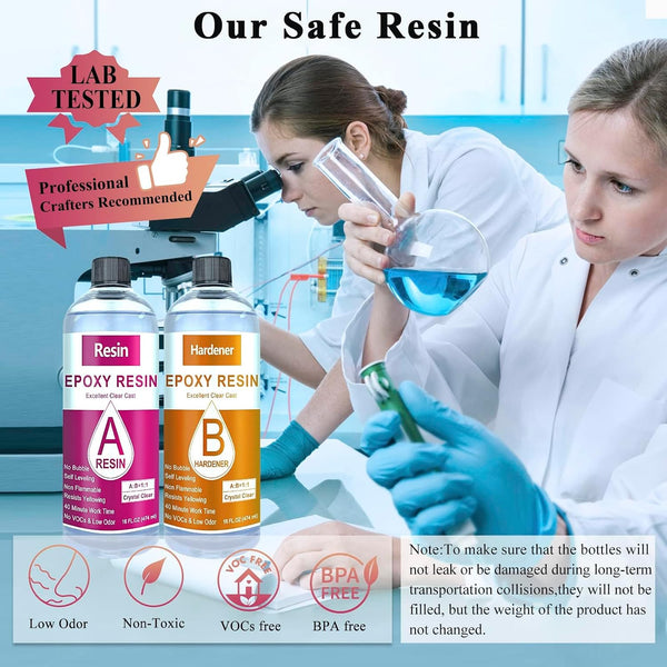 Epoxy Resin, 32OZ Epoxy Resin Crystal Clear, Not-Yellowing No-Bubble, Self Leveling Easy Pour/Mix 1:1 Casting Kit & Coating for DIY Jewelry