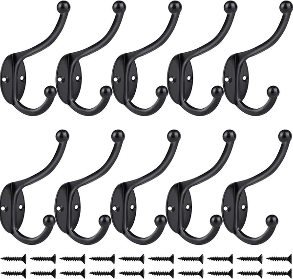 ZEYU Wall Hooks,10Pcs Coat Hooks Hardware Towel Hooks for Hanging Coats Double No Rust Black Robe Hooks Wall Mounted with Screws for Key, Towel,