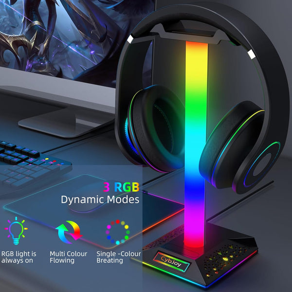 Gaming Headphone Stand PC Accessories - RGB Headset Stand with 2 USB and 1 Type-C Ports, LED Headphone Stand Gift for Boys Men, Computer Game