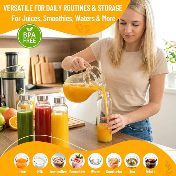 Clear Glass Bottles with Lids 18 Oz, Reusable Glass Water Bottles with Stainless Steel Cap for Juicing, Refrigerator,100% Leak Proof, BPA Free,