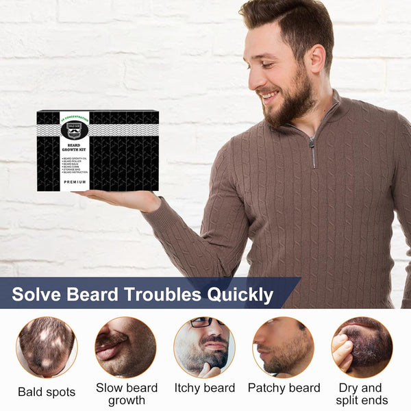 MALE GOD Beard Growth Kit, Beard Kit W/Beard Growth Oil, Balm, Comb, Massager for Spot/Patchy Beard, Gifts for Men Him Boyfriend Husband