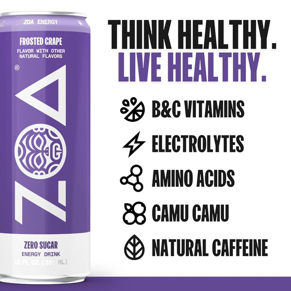 ZOA Zero Sugar Energy Drinks - Frosted Grape | Healthy Energy Formula with Natural Caffeine, Daily Vitamin C, Essential B-Vitamins | Gluten-Free,