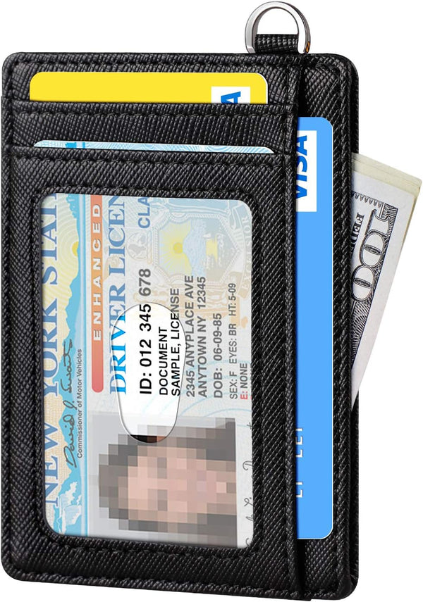 FurArt Slim Minimalist Wallet RFID Credit Card Holder for Men | slim minimalist compact rfid id window thin small Saffiano Black