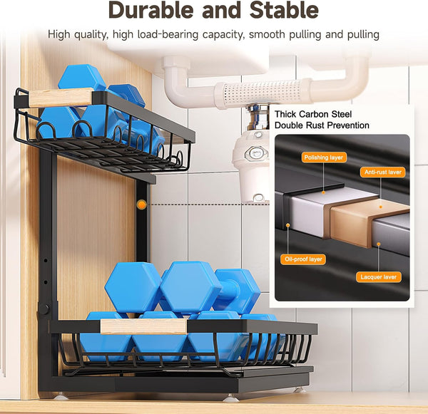 Sevenblue 2 Pack Under Sink Organizer, Under Bathroom Cabinet Organizer with Hooks Hanging Cup, Multi-Purpose Storage Shelf for Kitchen Bathroom,