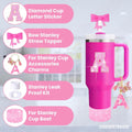 6PCS Pink Stanley Cup Accessories Set, Initials Decorations for Stanley Cup 30oz 40oz, Includes Bow Straw Topper, Handle Charm, Letter Sticker,