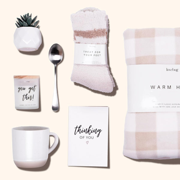 Lovebug Get Well Soon Gift Basket for Women â after Surgery Gifts, Feel Better Care Package with Blanket, Candle, Socks, Mug, Spoon, Succulent â