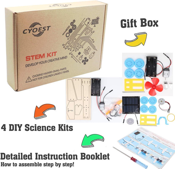 4 in 1 Solar Power & Electric Motor STEM Kits,Science Experiment Projects for Kids Beginners,Electronic Assembly Solar Powered Toy Kit,Diy
