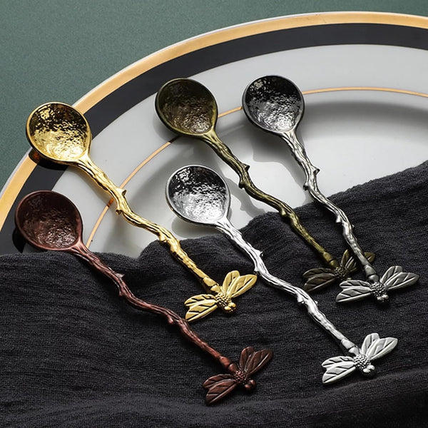 Retro Dragonfly Spoon Coffee,Teaspoon Stainless Steel Tableware Creative Sugar,Tea Spoon Stir Bar, Dessert, Cake, Long Handle Spoons Kitchen