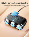 YANTU Cigarette Lighter Adapter & Splitter,150W 3-Sockets & LED Ambient Lighting, Dual USB Fast Charging Car Outlet 12V, Car Cigarette Lighter