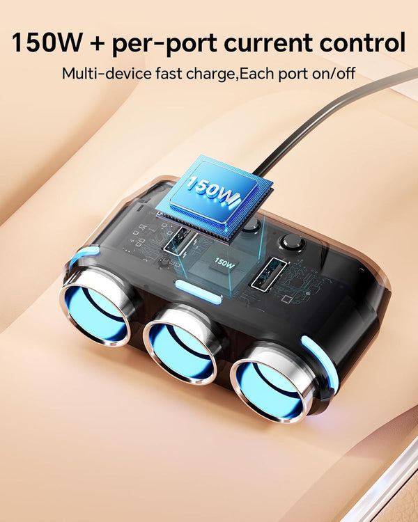 YANTU Cigarette Lighter Adapter & Splitter,150W 3-Sockets & LED Ambient Lighting, Dual USB Fast Charging Car Outlet 12V, Car Cigarette Lighter